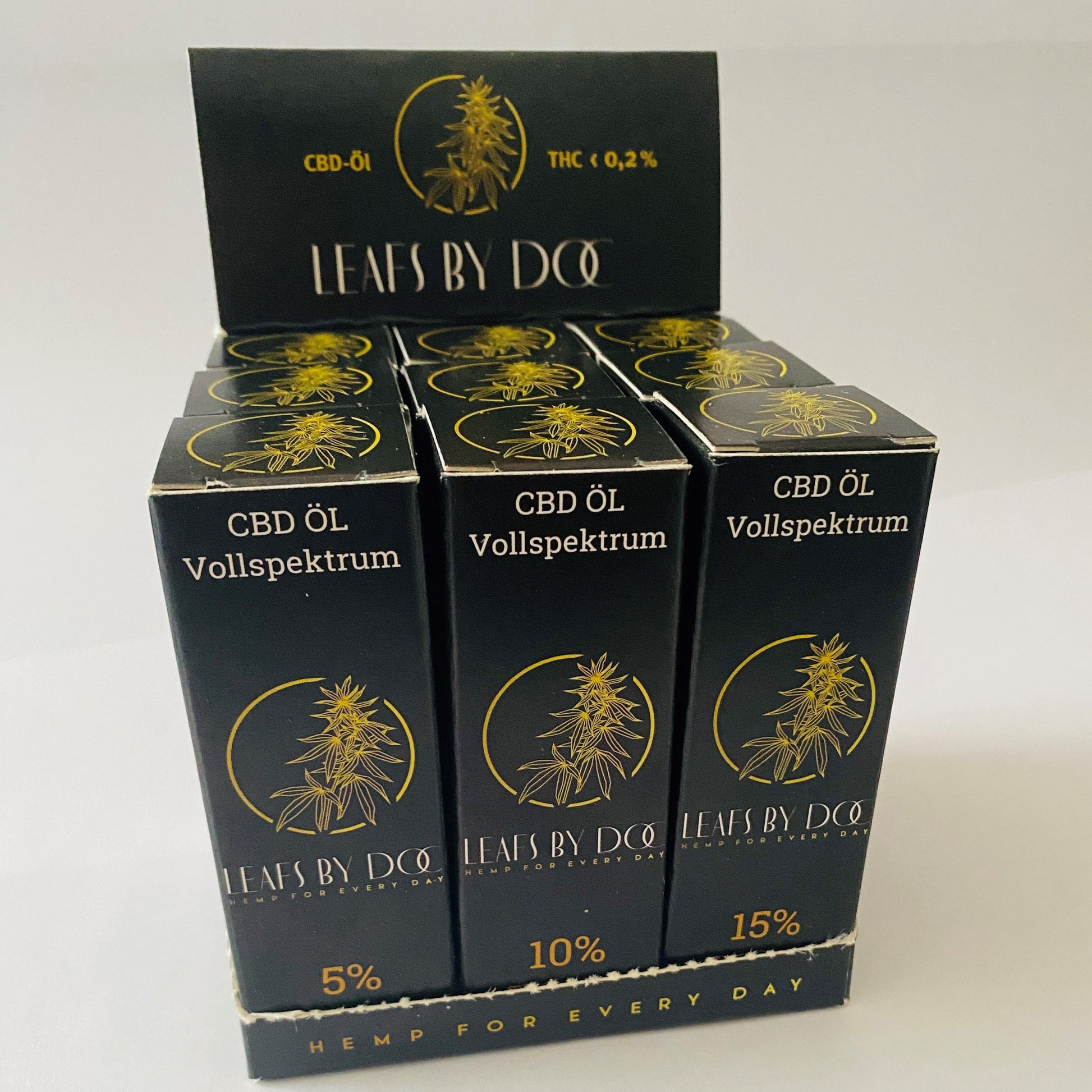 Thekendisplay für Vollspektrum CBD-Öl – 5%, 10%, 15% | LEAFS BY DOC